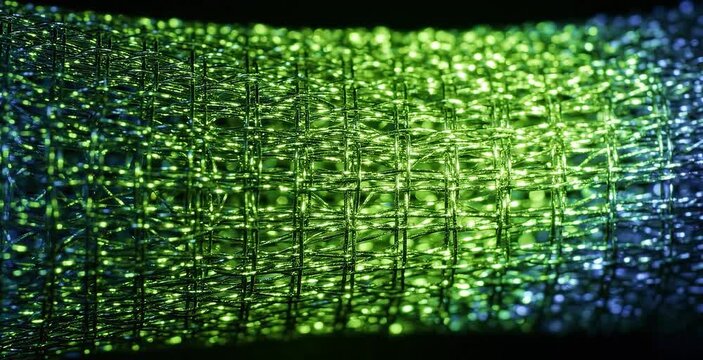 Ultraviolet and acid lime light moves beneath black metallic mesh in a premium seamless futuristic texture background.