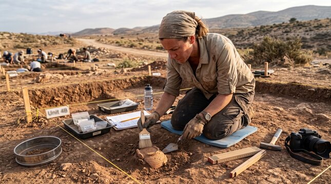 Archaeologist Carefully Excavating Artifact at Field Site