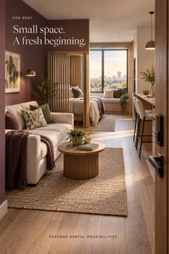 Studio Apartment for Rent Poster with Cozy Furnished Interior