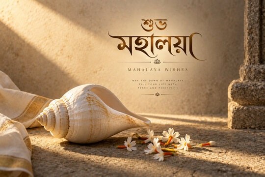 Conch shell and white flowers on stone surface with bengali text for subho mahalaya