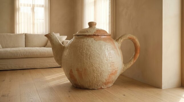 A giant ceramic teapot stands on a wooden floor in a minimalist living room. The vessel features a textured off-white clay surface with rustic earth-toned patches. Surreal decor and weird