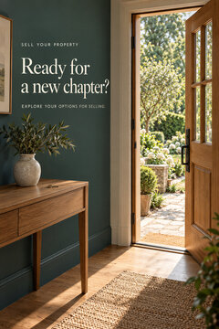 Sell Your Property Poster with Open Front Door and Garden View