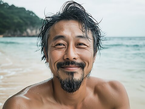 Smiling middle-aged Asian man with beard at beach.