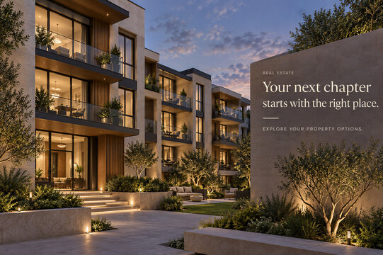 Real Estate Poster with Modern Apartment Buildings at Twilight