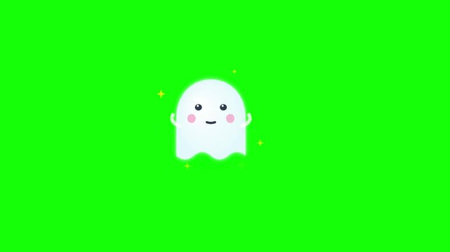 Cute Cartoon Floating Ghost Animation With Sparkling Magic Effect Isolated On Green Screen Background