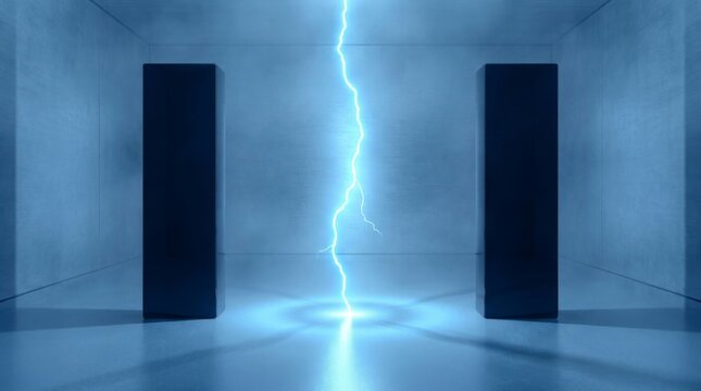 Blue lightning bolt striking between two dark rectangular pillars in a futuristic room, symbolizing power and energy transfer