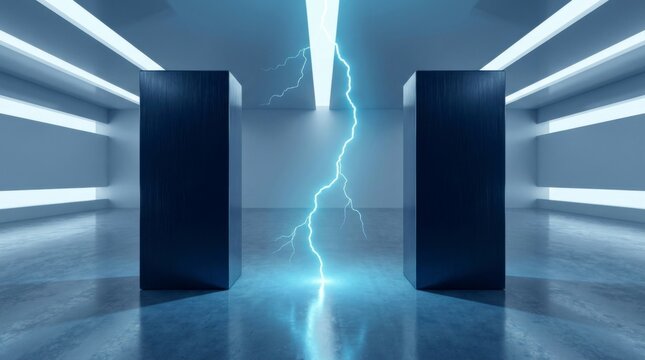 Bright blue lightning bolt striking between two dark rectangular pillars in a modern, futuristic room with glowing lights