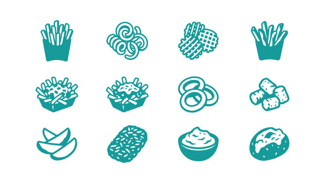 Comprehensive collection of teal potato side dish icons including classic french fries, curly fries, waffle fries, onion rings, tater tots, potato wedges, hash brown, and loaded fries.