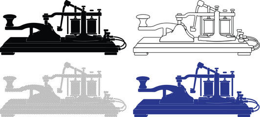 Vintage Morse code telegraph key in silhouette and outline styles on white background vector illustration © Rabeya