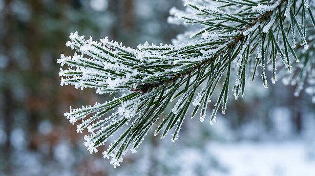 Stunning closeup macro shot of vibrant green pine tree branch delicately coated with sparkling white frost crystals and soft snow flakes during serene winter.