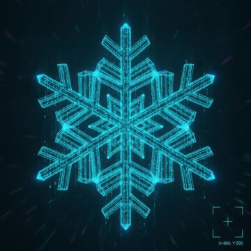 Digital snowflake made of glowing blue lines and dots, futuristic winter concept with abstract technology background
