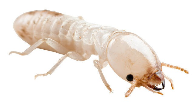 A professional studio shot of a termite worker translucent white body small insect wood pest, clean PNG isolated on a solid white background
