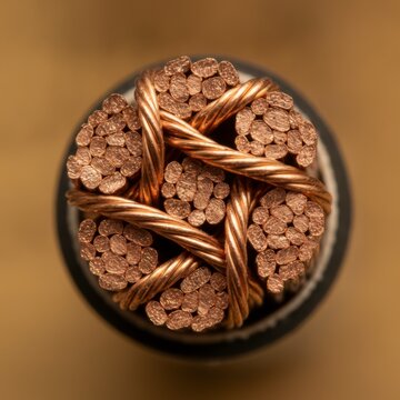 Close-up of a cut electrical cable revealing multiple strands of copper wire, showcasing conductivity and industrial materials.