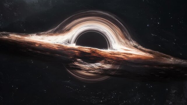 Gargantua black hole gravitational lensing and spinning accretion disk in slow motion, Interstellar deep space black hole phenomena.
