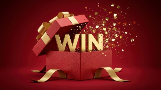 Red gift box with golden ribbon opening to reveal the word "WIN" and exploding confetti, symbolizing a prize, giveaway, or special reward.
