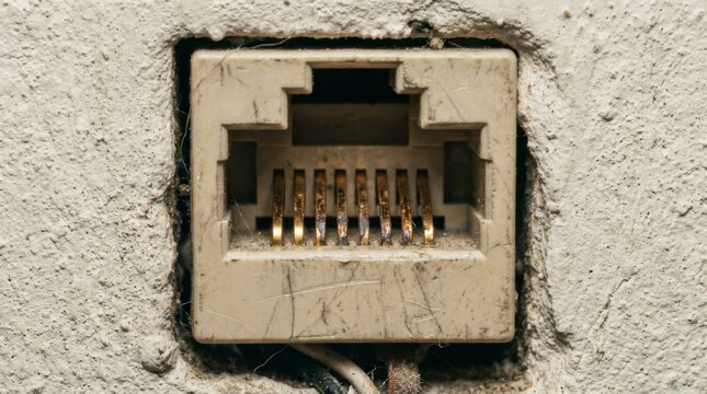 Close-up of an old, dirty, beige RJ45 Ethernet port embedded in a rough concrete wall, showing exposed wires.