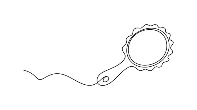 Continuous single line drawing of a vintage hand mirror with a wavy decorative frame