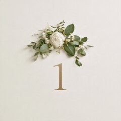 Naklejka premium A wedding anniversary card shows the number 1 in elegant calligraphy surrounded by a floral botanical frame in cream and gold colors.
