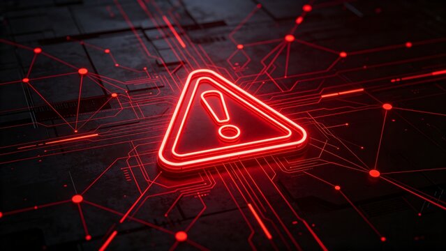 Cybersecurity Warning Sign with Red Neon Glow on Circuit Board