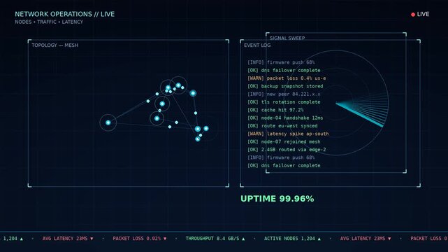 Animated network operations monitor with radar sweep, node topology map and live event log