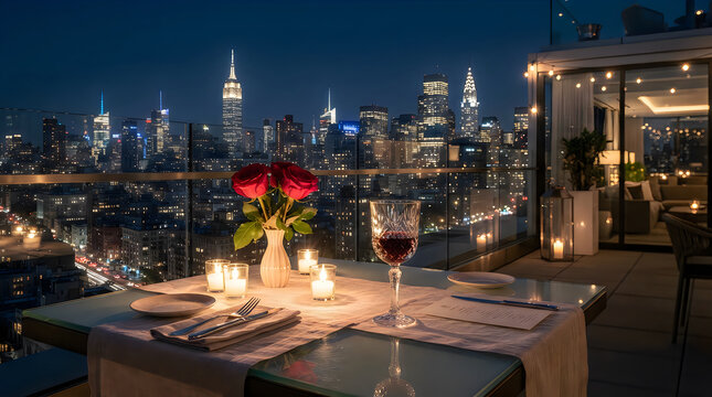 Romantic dinner table set with red roses and wine glasses on a rooftop overlooking city skyline
