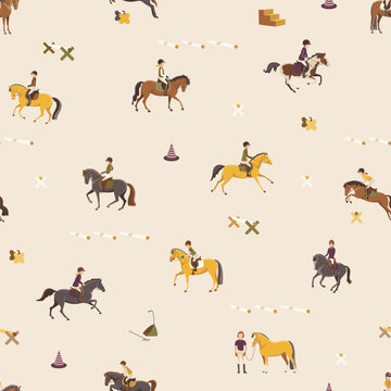 Seamless equestrian pattern with kids on ponies, jumping obstacles