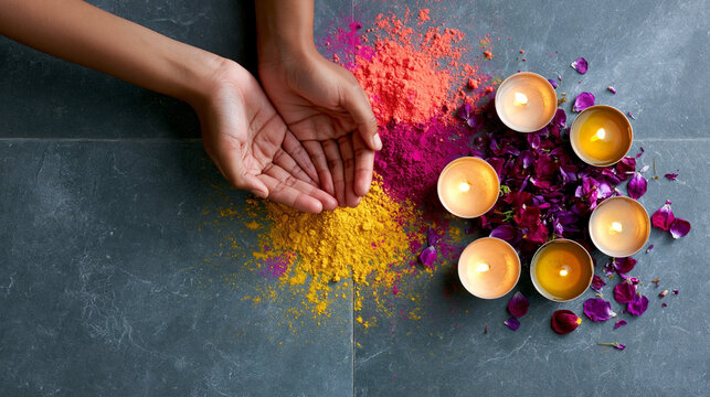 Hands beside colorful rangoli powder, glowing candles and rose petals arranged on dark background for traditional diwali celebration