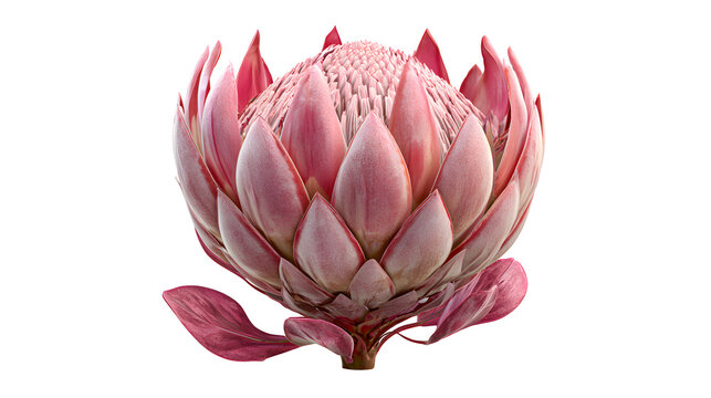 A professional studio shot of a exotic protea flower pink king globe structure textural, clean PNG isolated on a solid white background