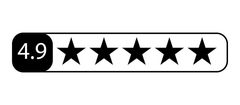 4.9 star rating badge with five black stars in a rounded outline. Clean review score icon represents customer feedback and satisfaction. Minimal rating graphic suits websites, apps, products, 