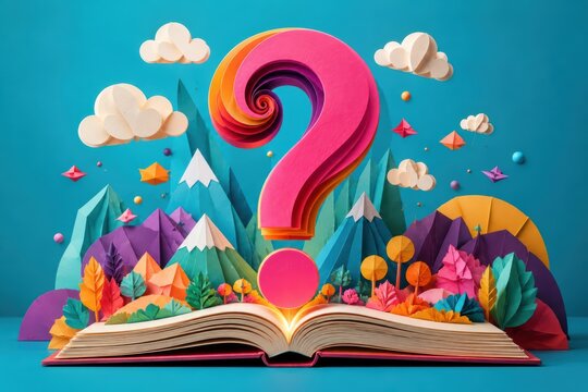 A World of Wonder: An open book emerges from a vibrant, colorful landscape filled with whimsical mountains, trees, and clouds, crowned by a giant, stylized question mark.