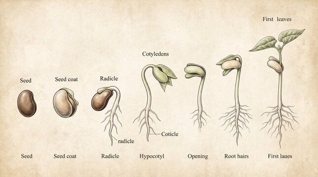 Seed germination stages botanical illustration