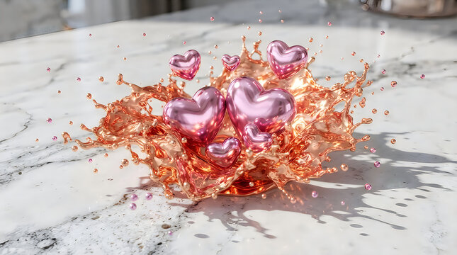 Shiny pink heart balloons floating inside a splash of golden liquid on a textured grey surface