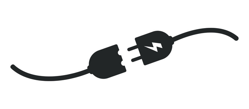 Unplugged electrical power cord icon isolated on white background. Broken cable with separated plug ends represents disconnection and power interruption. Minimal safety graphic for electricity 