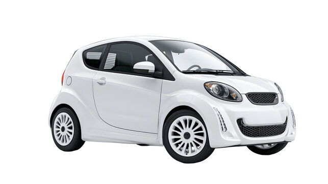 A professional studio shot of a compact electric city car hatchback two door vehicle, clean PNG isolated on a solid white background