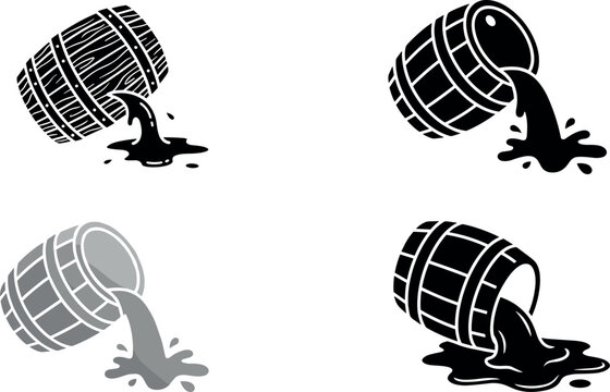 Spilling wooden barrel, liquid spill, and keg pouring icons vector set in solid black and grey styles