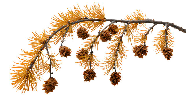 A professional studio shot of a weeping larch branch hanging golden autumn needles cones, clean PNG isolated on a solid white background