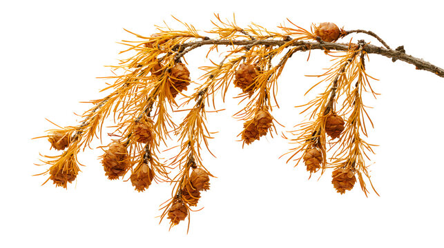 A professional studio shot of a weeping larch branch hanging golden autumn needles cones, clean PNG isolated on a solid white background