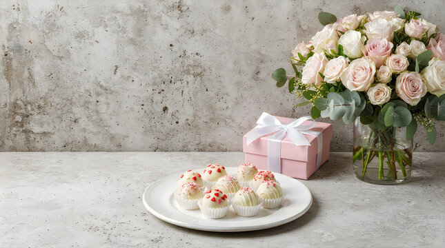 Small delicious mini cakes on a plate with a pink gift box and a beautiful bouquet of flowers