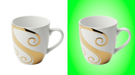 Elegant ceramic mugs with swirl design on green background
