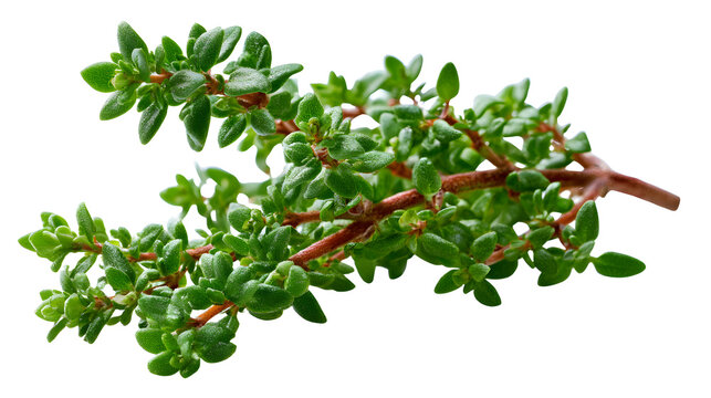 A professional studio shot of a aromatic thyme branch tiny green leaves woody micro stem, clean PNG isolated on a solid white background