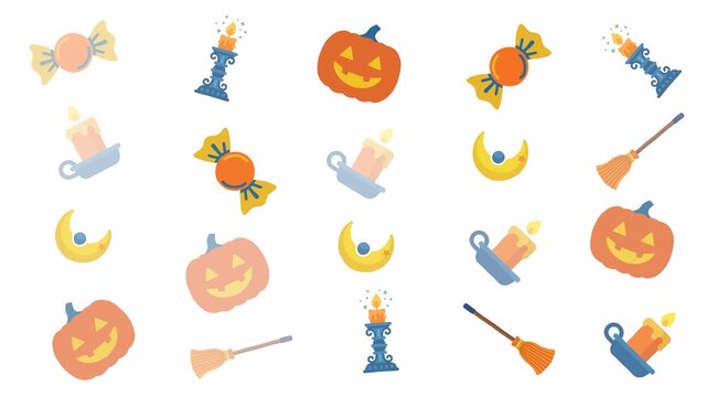 Halloween Pattern Animation Pumpkins Candies Brooms Moons Candles