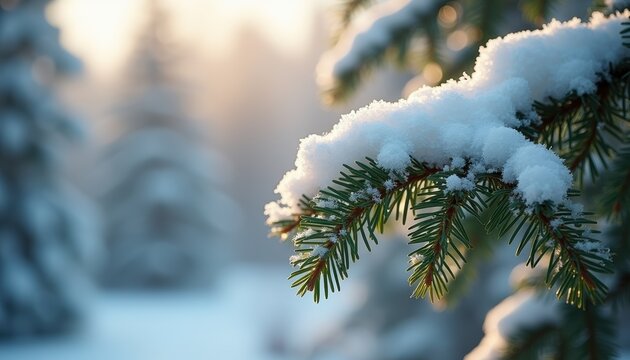 Snow-covered evergreen branches with fresh powder clinging to green needles in soft winter sunlight. A serene cold-weather landscape with blurred snowy background.