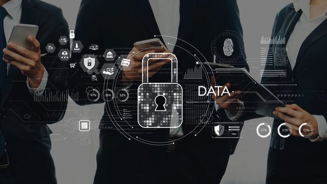 A professional business team is engaged with smartphones and a tablet, overlaying digital icons of security and confidentiality to emphasize data protection. Raster