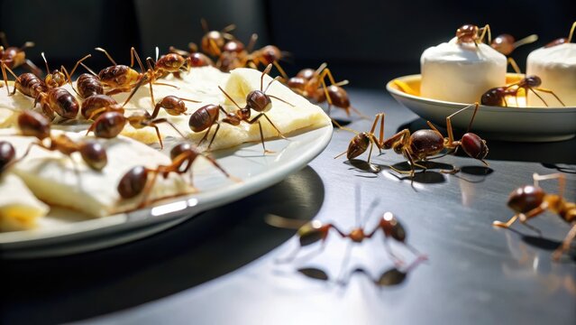 Swarming sugar frenzy Red ants invade a cluttered table, feasting on spilled treats