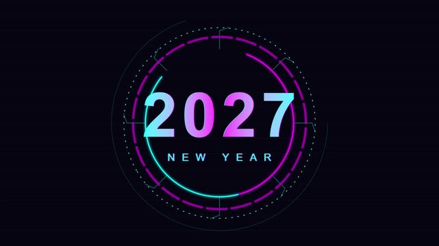 Futuristic Happy New Year 2027 Neon Glowing Digital Countdown Motion Graphics Background Overlay Loop Graphic