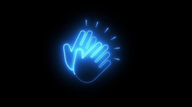 Glowing blue neon clapping hands icon for applause gesture, congratulations, appreciation, cheering support, and social interaction