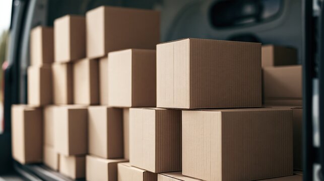 Stack of brown corrugated cardboard boxes loaded in the back of a delivery van, illuminated by natural light. Multiple packages are organized for shipping and logistics.