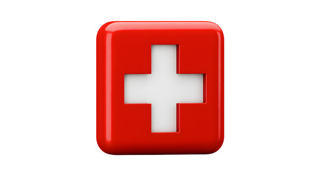 A professional studio shot of a red medical cross icon emergency first aid emblem, clean PNG isolated on a solid white background
