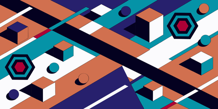 Dynamic Constructivist Geometric Abstract Vector &ndash; Diagonal Tech Shapes and Isometric Cubes &ndash; Retro-Futuristic Flat Art