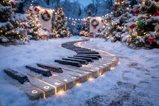 Snowy path with piano key pattern and Christmas lights
